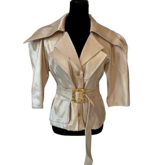 🎁 Cream Metallic Sheen Belted Jacket - Picture 1 of 14